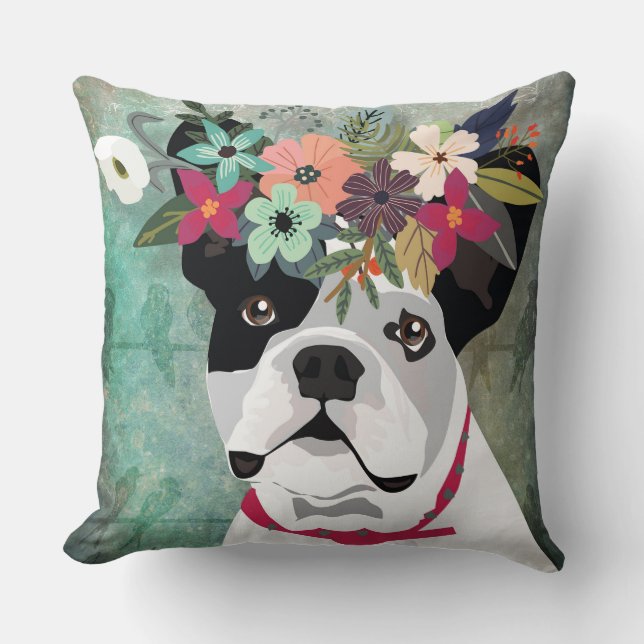 French Bulldog Wearing a Flower Crown Throw Pillow (Front)