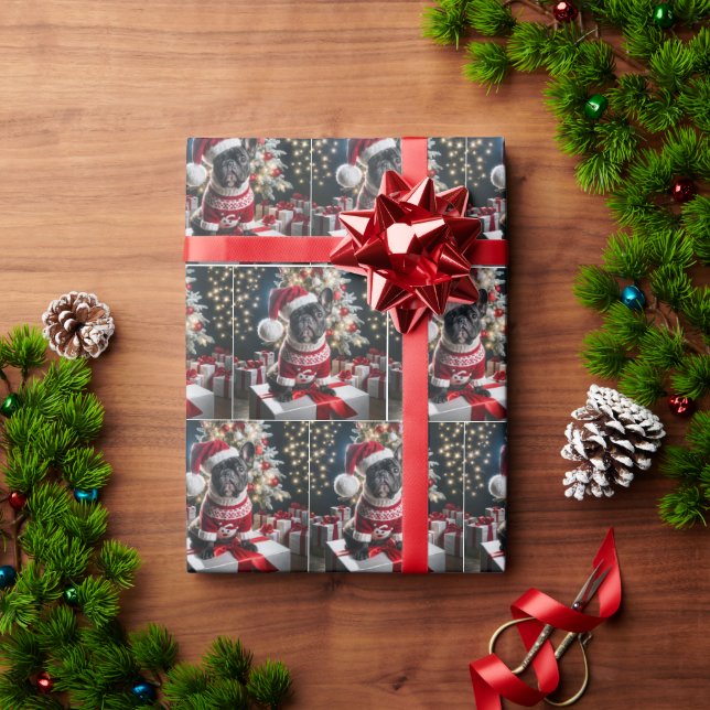 French Bulldog Wearing a Santa Hat Wrapping Paper (Holiday Gift)