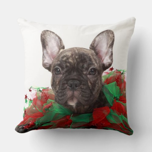 French bulldog wearing Christmas collar Throw Pillow