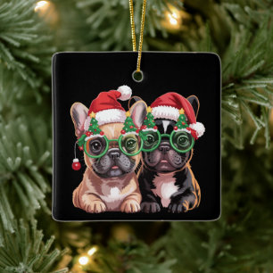 French Bulldog Wearing Christmas Tree Glasses  Ceramic Ornament