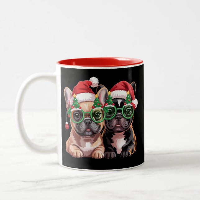 French Bulldog Wearing Christmas Tree Glasses  Two-Tone Coffee Mug (Left)