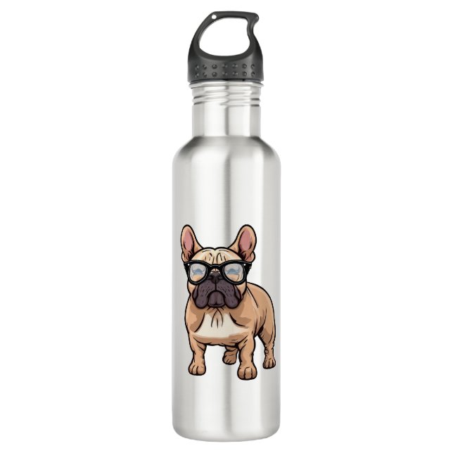 French Bulldog Wearing Glasses  Stainless Steel Water Bottle (Front)