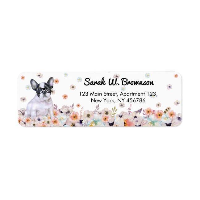 French Bulldog wears eyeglasses in the flowers Label