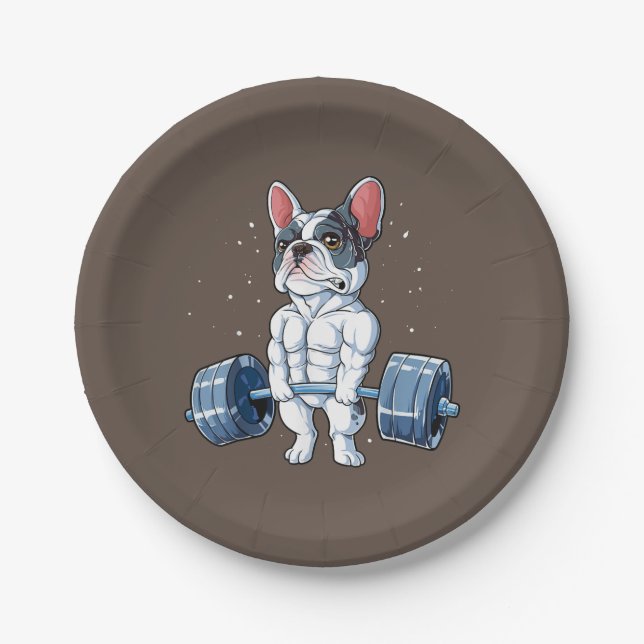 French Bulldog Weightlifting Funny Deadlift Gym Paper Plates (Front)