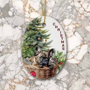 French Bulldog Wicker Basket Christmas Ceramic Ornament