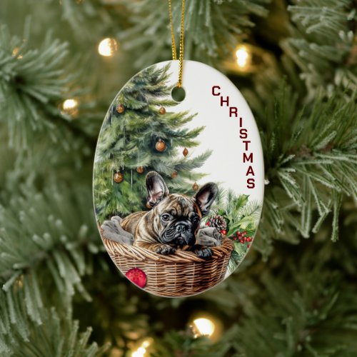 French Bulldog Wicker Basket Christmas Ceramic Ornament