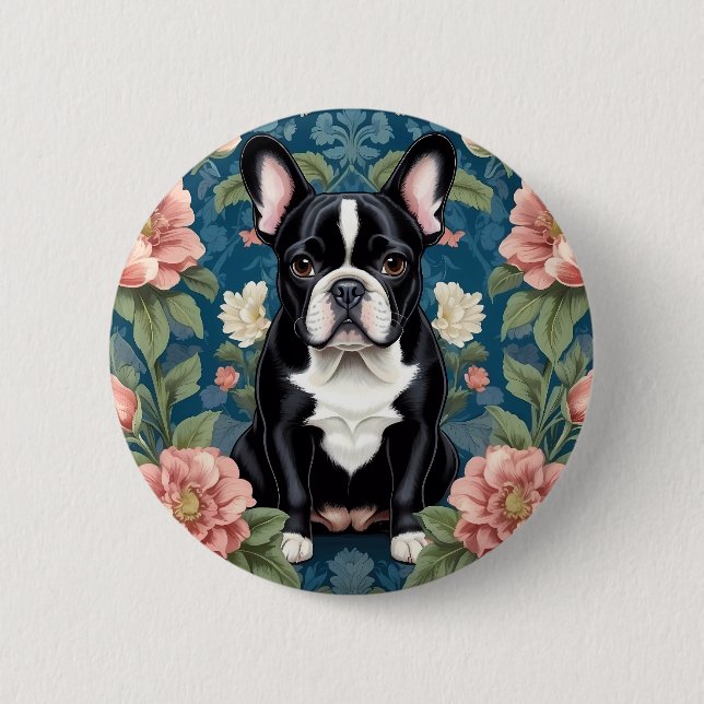 French Bulldog William Morris Inspired Floral Button (Front)