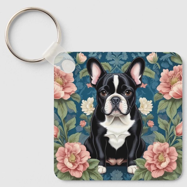 French Bulldog William Morris Inspired Floral Keychain (Front)