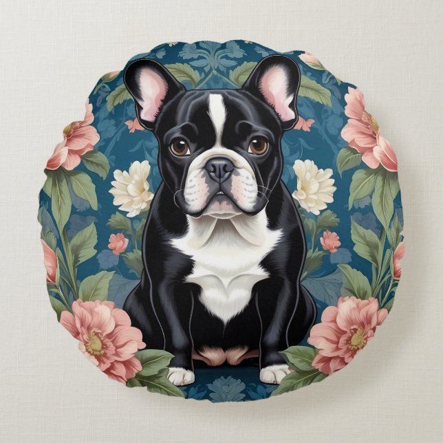 French Bulldog William Morris Inspired Floral Round Pillow (Front)