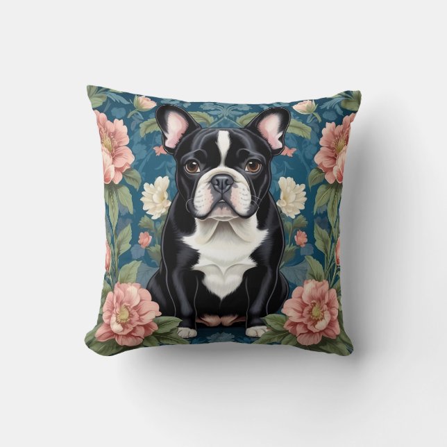 French Bulldog William Morris Inspired Floral Throw Pillow (Front)