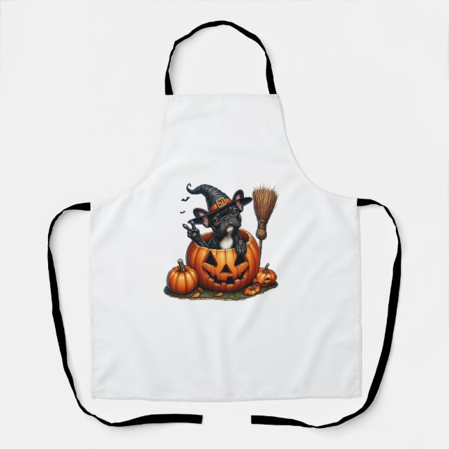 French Bulldog Witch Pumpkin Halloween Mens Womens Apron (Front)