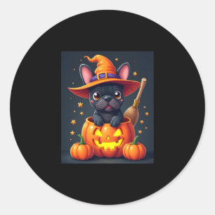 French Bulldog Witch Pumpkin Halloween Mens Womens Classic Round Sticker
