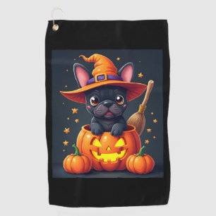 French Bulldog Witch Pumpkin Halloween Mens Womens Golf Towel
