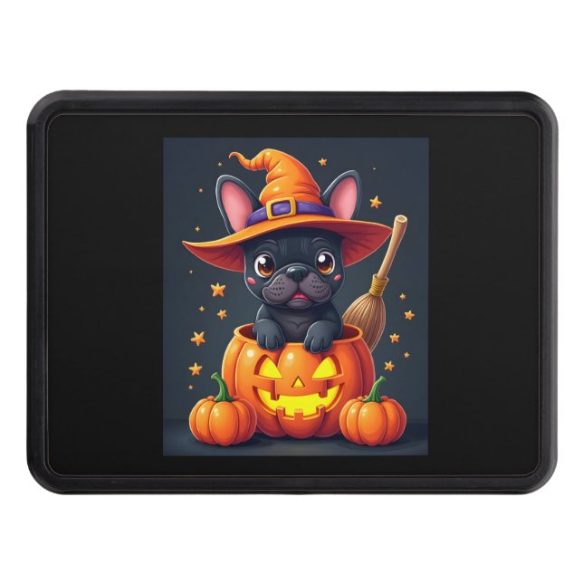French Bulldog Witch Pumpkin Halloween Mens Womens Hitch Cover (Front)