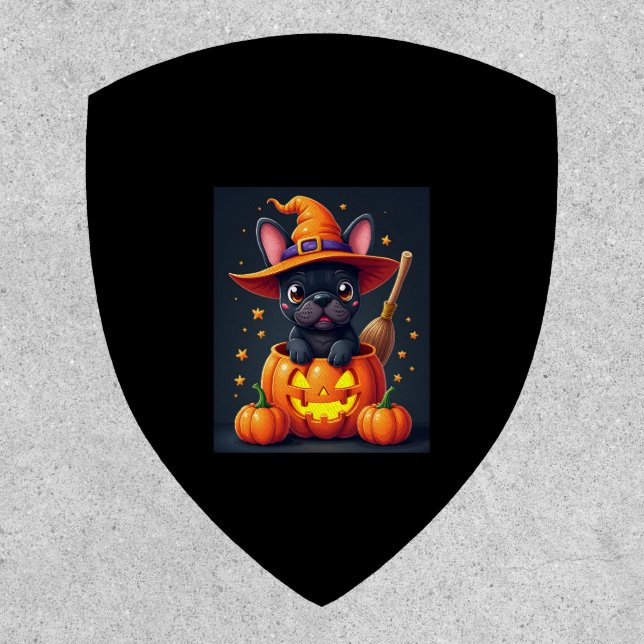 French Bulldog Witch Pumpkin Halloween Mens Womens Patch (Front)