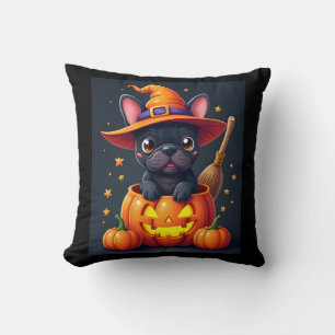 French Bulldog Witch Pumpkin Halloween Mens Womens Throw Pillow