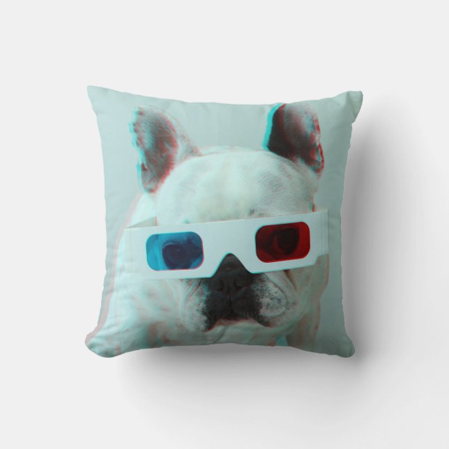French Bulldog With 3D Glasses Throw Pillow (Front)