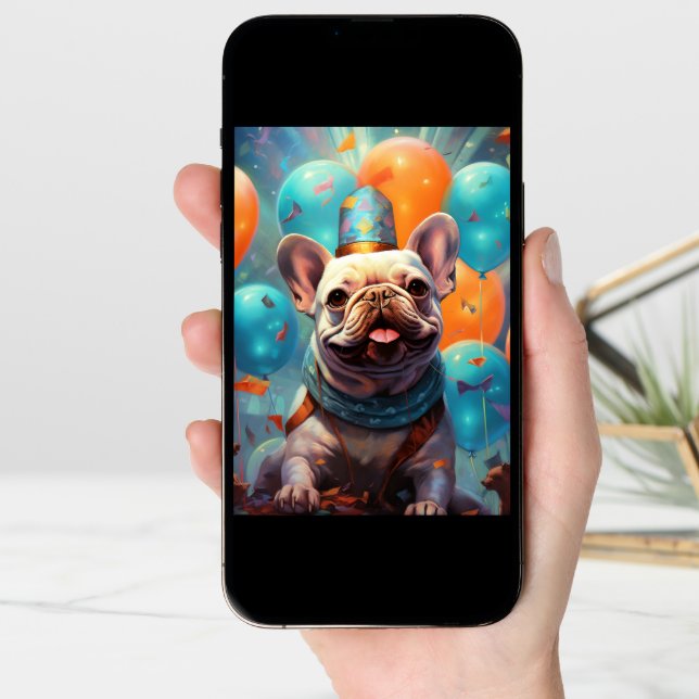 French Bulldog With Balloons Birthday  Card (Front Digital)