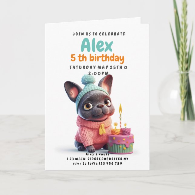 French bulldog with Birthday cake Invitation (Front)