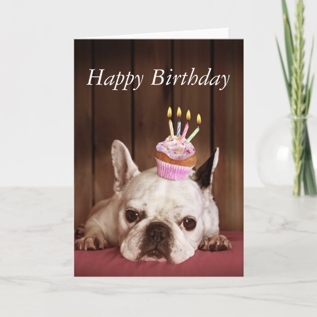 French Bulldog With Birthday Cupcake Card (Front)