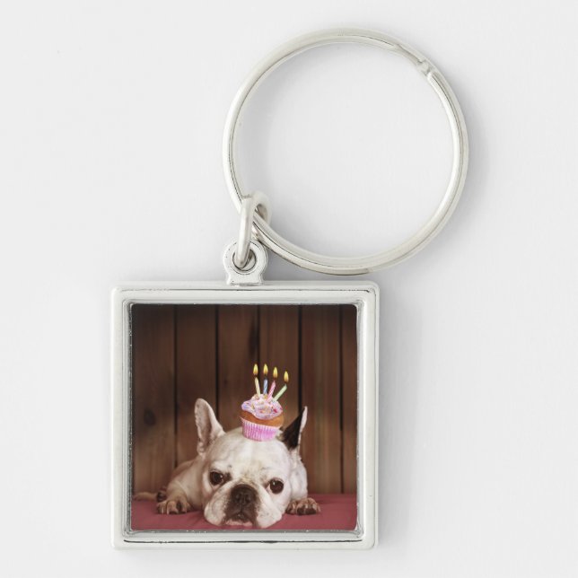 French Bulldog With Birthday Cupcake Keychain (Front)
