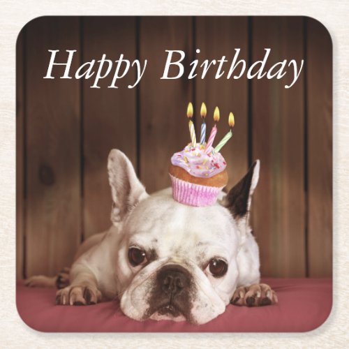 French Bulldog With Birthday Cupcake Square Paper Coaster