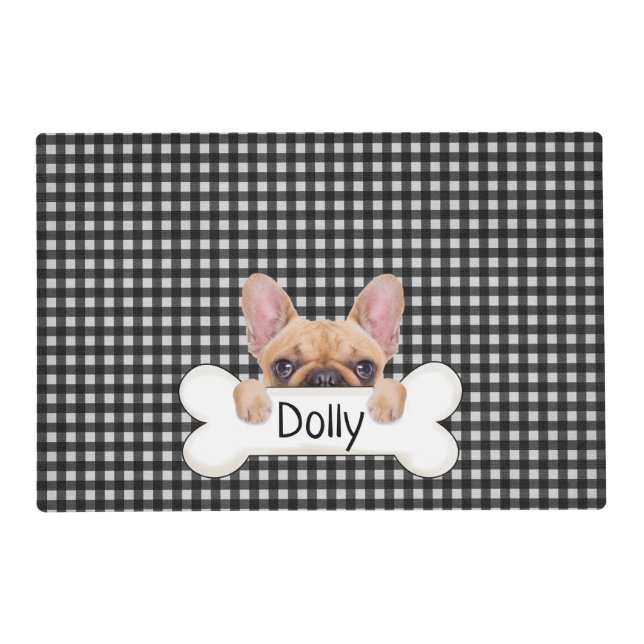 French bulldog with bone and gingham placemat (Front)