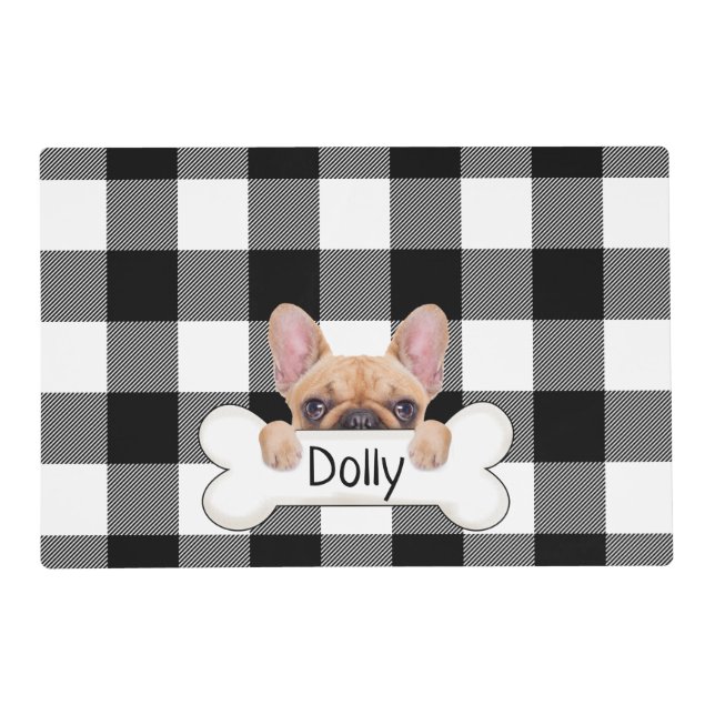 French bulldog with bone and plaid placemat (Front)