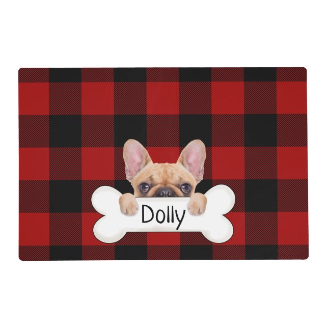 French bulldog with bone on plaid placemat (Front)