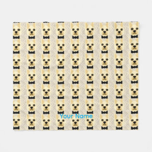 French Bulldog with Bowtie, Herringbone Beige Fleece Blanket