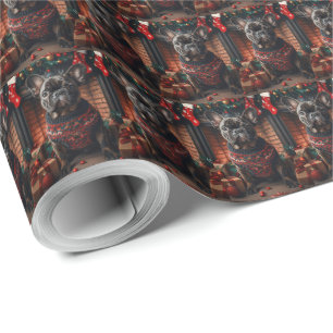 French Bulldog With Christmas Gifts Fireplace Wrapping Paper