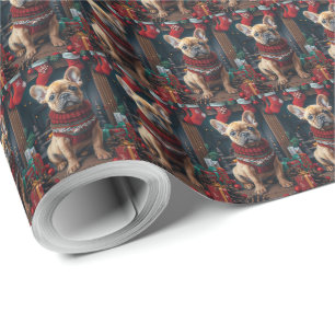 French Bulldog With Christmas Gifts Fireplace Wrapping Paper