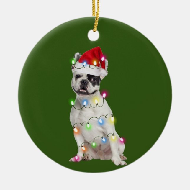 French Bulldog With Christmas Scafts Santa Ceramic Ornament (Front)