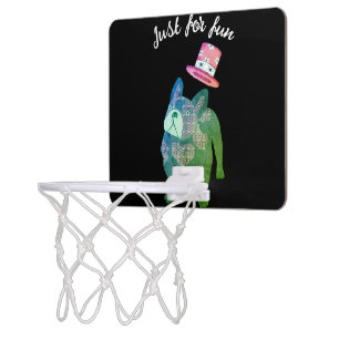 French bulldog with cylinder mini basketball hoop