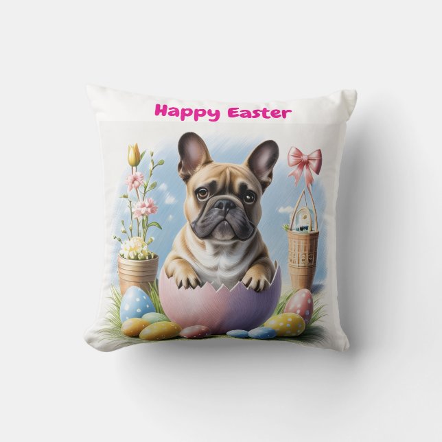 French Bulldog with Easter egg Happy Easter Throw Pillow (Front)