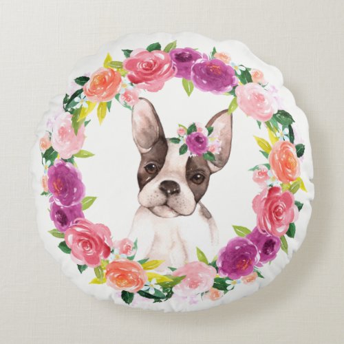 French Bulldog with Floral Wreath Pillow