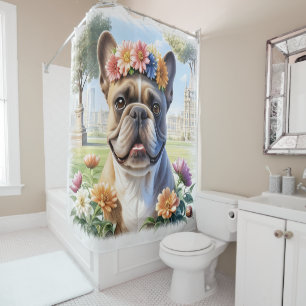 French Bulldog with floral wreath Shower Curtain