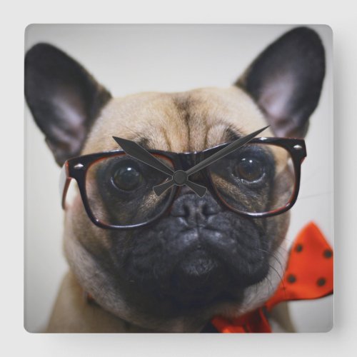 French Bulldog With Glasses And Bow Tie Square Wall Clock
