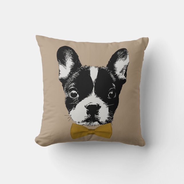 French Bulldog with Gold Bow Tie Beige Throw Pillow (Front)