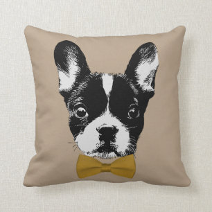 French Bulldog with Gold Bow Tie Beige Throw Pillow