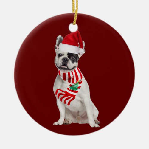 French Bulldog With Hat Scaft Christmas Ceramic Ornament