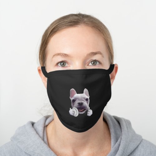 French Bulldog with Headphones Illustration Black Cotton Face Mask