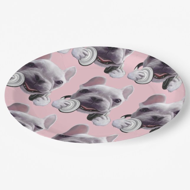 French Bulldog with Headphones Illustration Paper Plates (Angled)