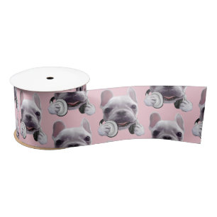 French Bulldog with Headphones Illustration Satin Ribbon
