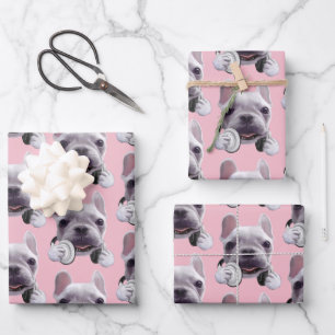 French Bulldog with Headphones Illustration Wrapping Paper Sheets