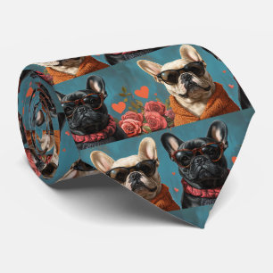 French Bulldog With Heart Roses Valentine's Day Neck Tie