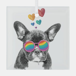 French Bulldog with Hearts Valentine's Day Glass Ornament