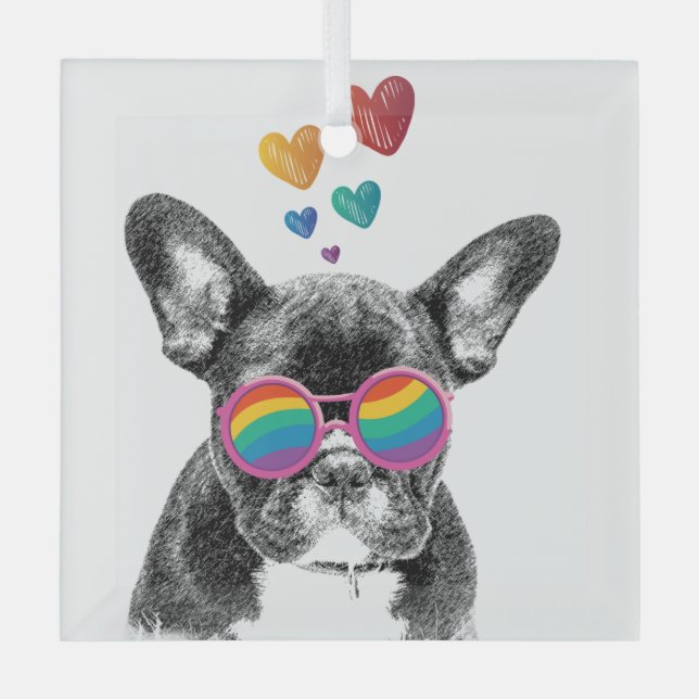 French Bulldog with Hearts Valentine's Day Glass Ornament (Front)