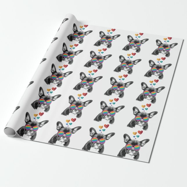 French Bulldog with Hearts Valentine's Day Wrapping Paper (Unrolled)
