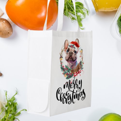 French Bulldog with Merry Christmas Text Grocery Bag